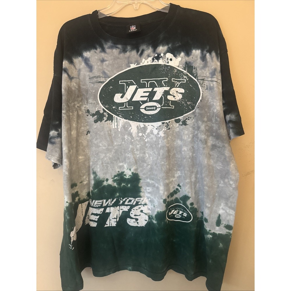 NY Jets Tie Dye T-Shirt NFL Team Apparel Black Gray Green Bleached Vintage Look